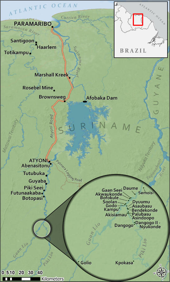 Map of Suriname with locations mentioned in text.